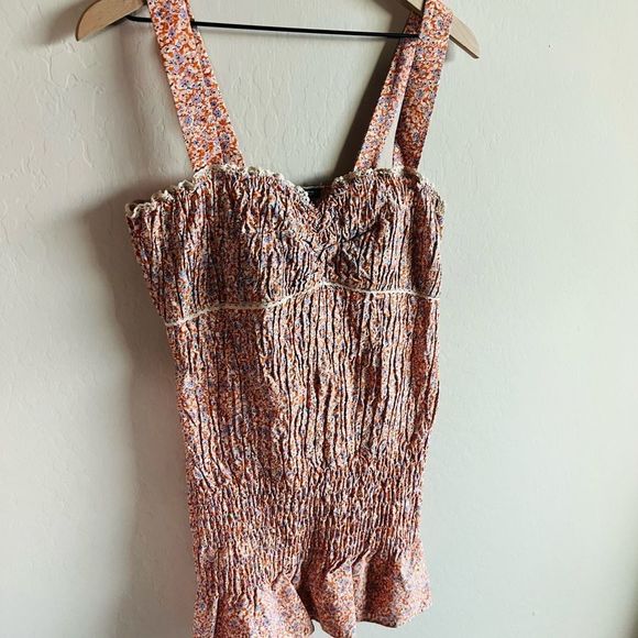 Zara Women’s Orange Floral Ruffle Smocked Mini Bodycon Boho Dress NWOT Size L - Picture 3 of 8